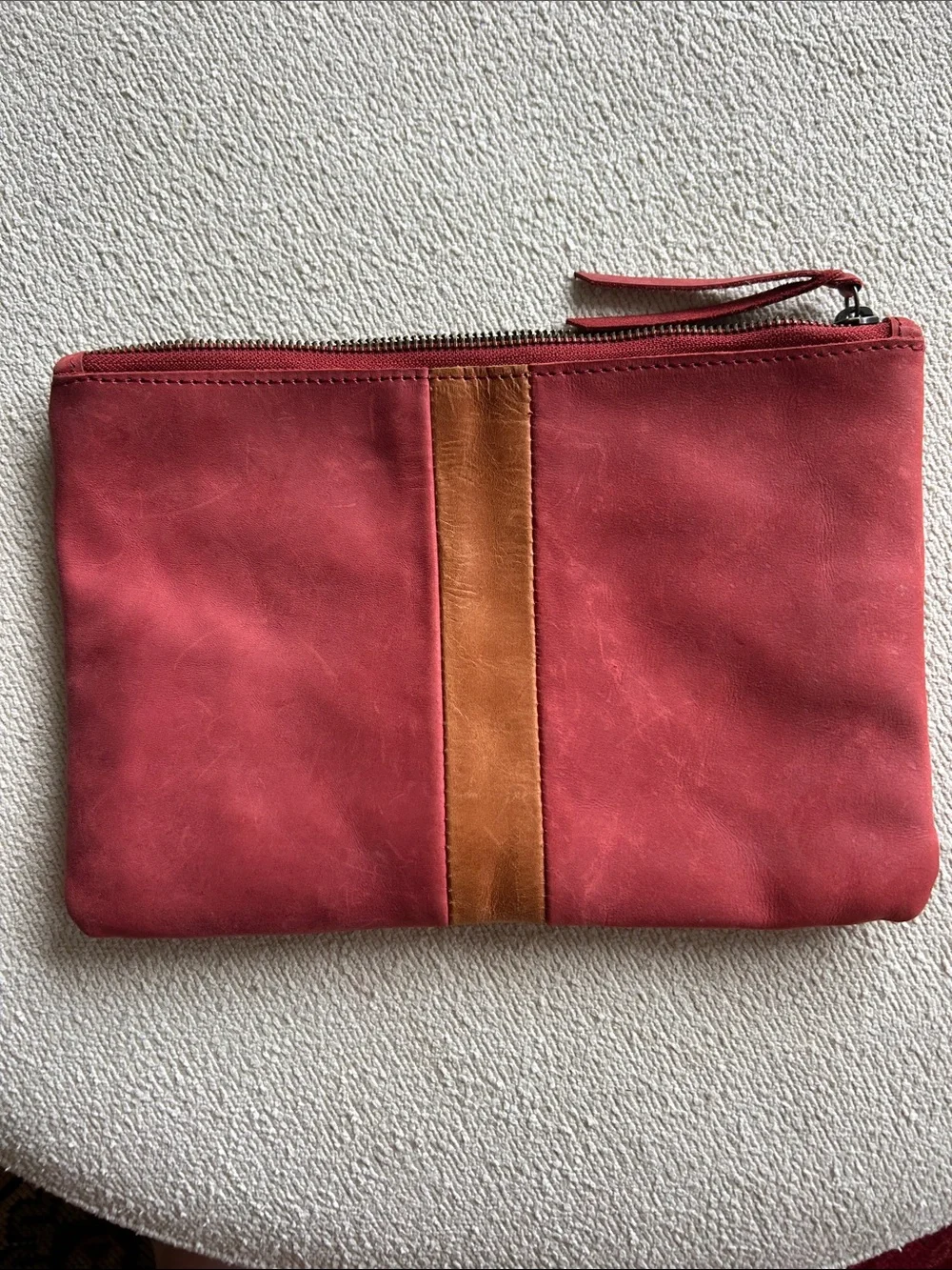 Able Red Leather Zip Pouch with Tan Center Stripe